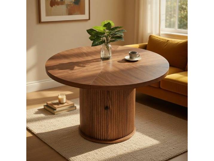 CollaHausse Table à Manger Ronde 115cm avec Rangement Style Scandinave Bois 4-6 Personnes Noyer