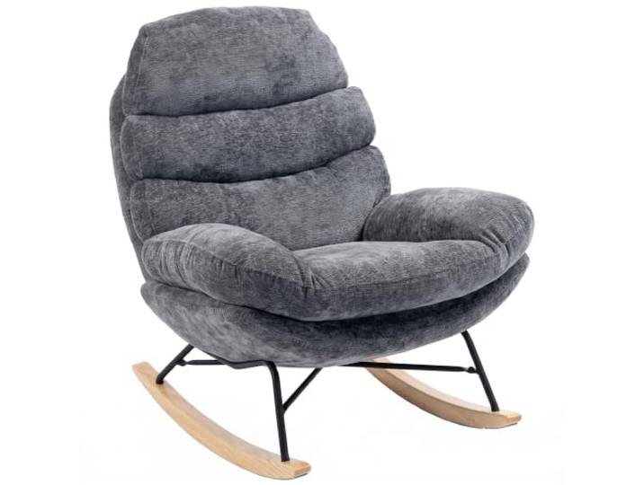 HOMCOM Schaukelstuhl mit Rückenlehne, Holzkufen, Gepolstert, Dunkelgrau Schaukelsessel, Schneidersitz Sessel, Relaxsessel mit Chenille-Optik, Schwingsessel, Lesesessel für Wohnzimmer