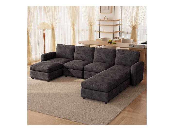 Guyii Sofa mit Hocker, kombinierbar, 4-Sitzer, weich, dunkelgrau, 7 Teile