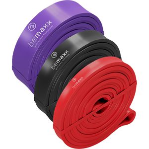 bemaxx Fitnessband Pull-Up Set, 1 m x 1,3 - 3 cm, 3 Widerstände & Farben, Loop aus Latex, Klimmzughilfe, 3 Stück