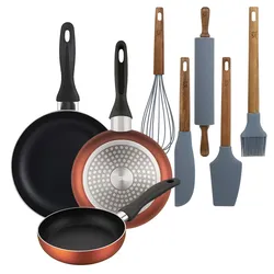 BERGNER - Set aus 3 Pfannen Ø16/20/24cm aus gepresstem Aluminium in metallic-copper mit Set 5 Küchenutensilien aus Silikon und Holz