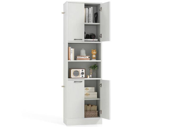 GOPLUS Buffet Haut de Cuisine 56x30x190CM avec 4 Portes 2 Compartiments Ouverts-Kits Anti-basculement-Armoire Autoportante-Chêne