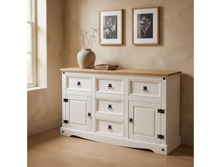 CARO-Möbel Sideboard Campo, Kommode Kiefer massiv, weiß lasiert, 5 Schubladen und 2 Türen