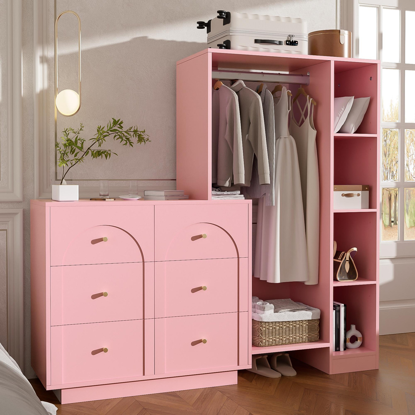 Okwish multifunctionele entreekast met open garderobe, zijplanken en 6 lades, roze