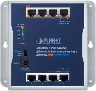 Planet Industrial Gigabit Switch WGS814HP, 8 Port, für Wandmontage mit 4 Port PoE+