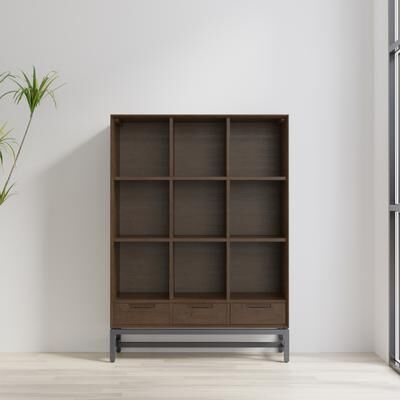 "WYNDENHALL Devlin SOLID HARDWOOD 58 x 42 inch Modern 9 Cube Bookcase with Drawers in Walnut Brown - 15.5"" D x 42"" W x 58"" H"