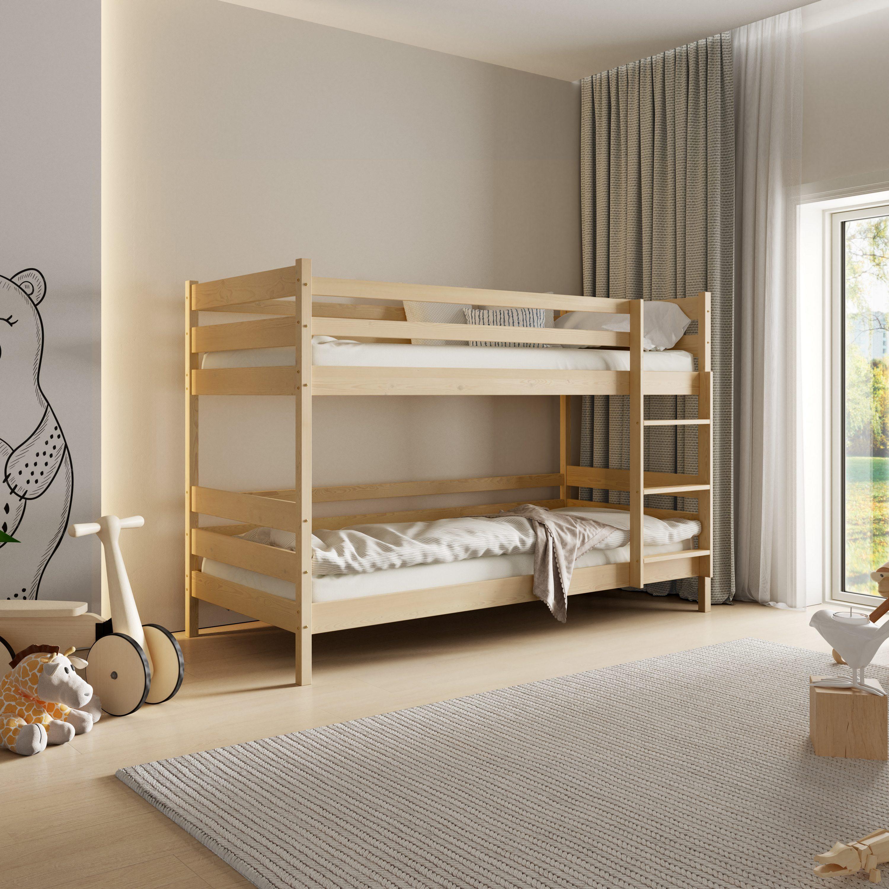 Masseno Etagenbett SIMBA 80x160 cm mit Rausfallschutz, Kinderbett mit Leiter für Mädchen und Jungs, Stockbett 2 Kinder, Kiefernholz