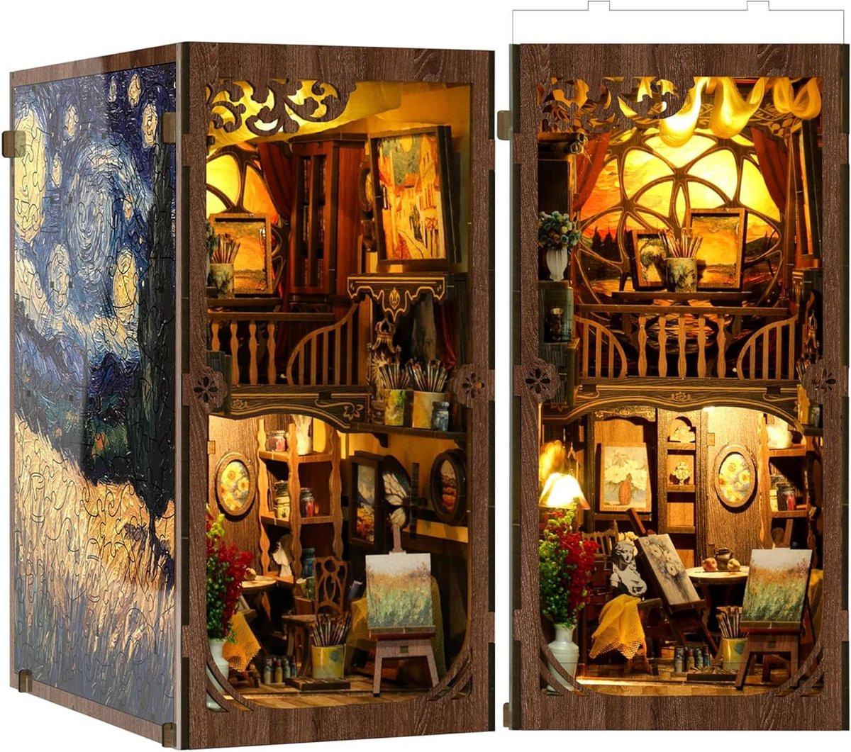 Vintage Studio Boekensteun Houten Puzzel - Miniatuur Huis Poppenhuis met LED Verlichting - 1:72