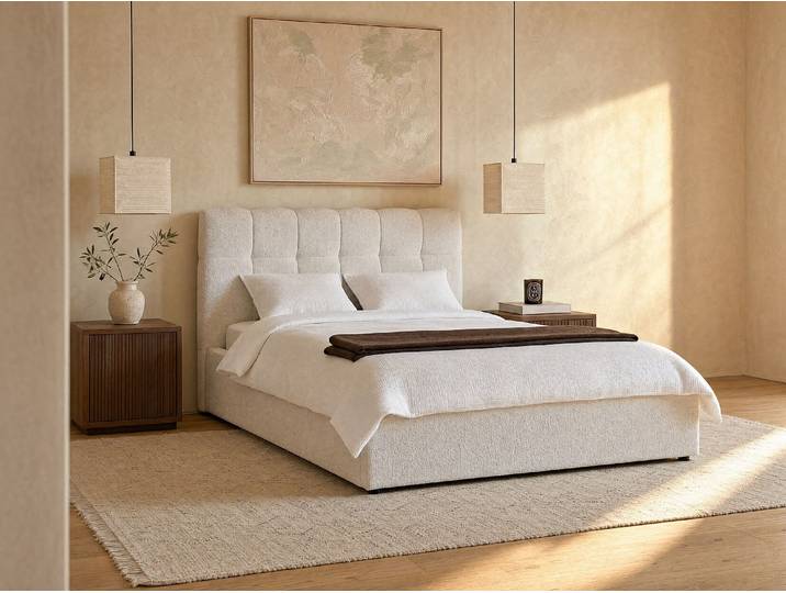 Bett mit Bett mit Bettkasten - - 160 x 200 cm - Bouclé-Stoff - Weiß - MAZIRI