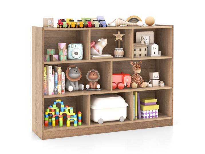 DREAMADE Bibliothèque Enfant en Bois à 3 Niveaux avec 8 Compartiments Patins Antidérapant Charge 60KG 122x32x93CM Naturel