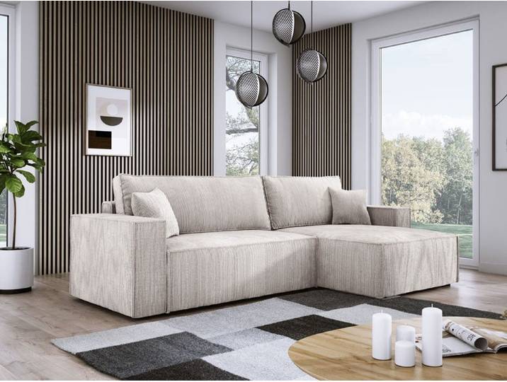Designer Ecksofa Velanova mit Schlaffunktion und Stauraum aus Cord - Beige - Cord - Frei wählbar bei Montage - Luxusbetten24
