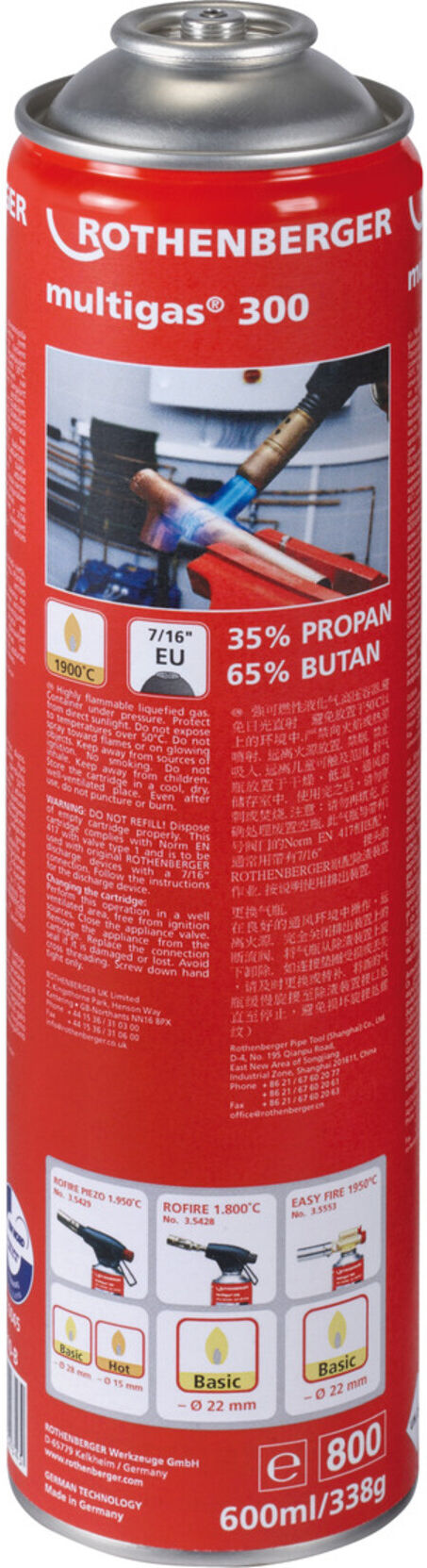 Rothenberger Multigas 300 Gaskartusche, 7/16"-EU, Sprachversion A (035510-A)