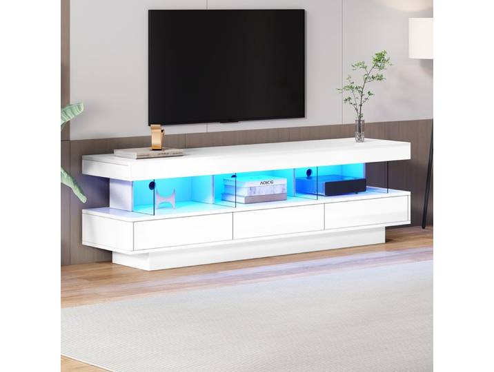 Meuble TV Blanc Brillant Moderne avec Eclairage LED 3 Compartiments en Verre Armoire TV Bas 160x38x50cm