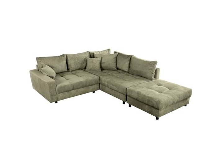 Wohnlandschaft KENT - 220cm - grün - Cord - Federkern inklusive Hocker 8 Kissen inklusive, Ottomane links oder rechts montierbar, Rundum-Bezug, pflegeleicht