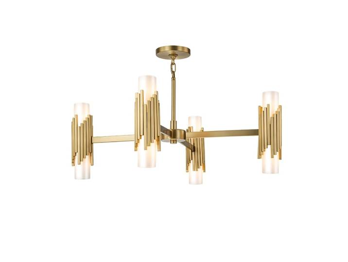 Lustre 8 Lumières Acier, Globe en Verre Opalin