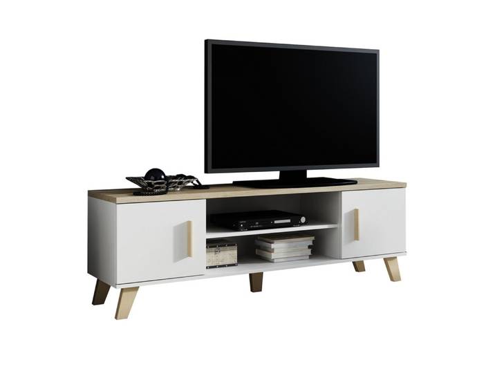 Meuble Tv Décor Chêne & Blanc Brillant 160 Cm Colin