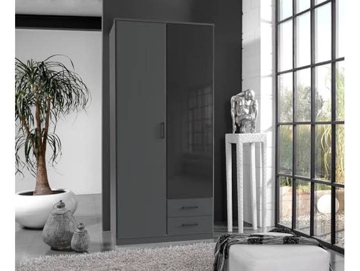 möbelando Drehtürenschrank >Soest< in Graphit + Glas SCHWARZ - 90x199x58cm (BxHxT)