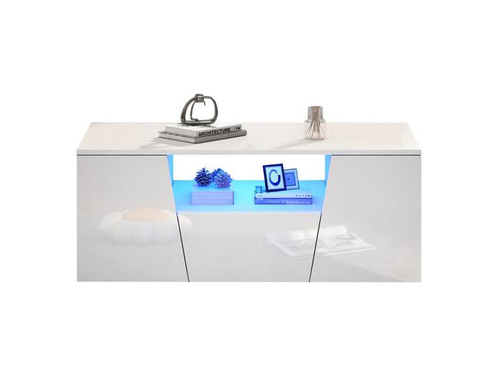 Flieks Couchtisch 100x50cm Weiß Hochglanz LED Unregelmäßig 2 Schränke Schublade, Holz, 59.51x12.98x109.22 cm, Wohnzimmer, Wohnzimmertische, Couchtische