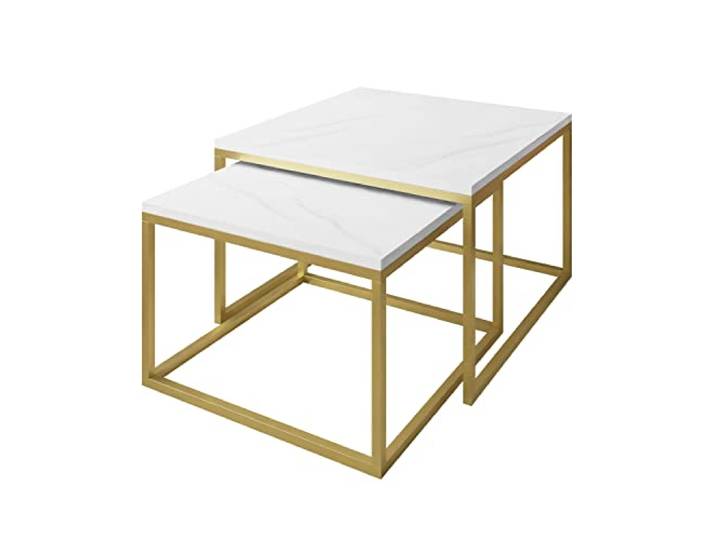 Lookway Couchtisch Yoshi 2in1 – Levanto-Marmorplatte, Mattes Goldgestell, Beistelltische 60x60x40 cm & 70x70x46 cm, Modernes Wohnzimmer Design