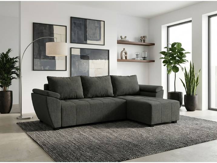 AKTION Ausziehbares, beidseitig montierbares Ecksofa LIVARO 251x140 cm, dunkelgrau II. Wahl