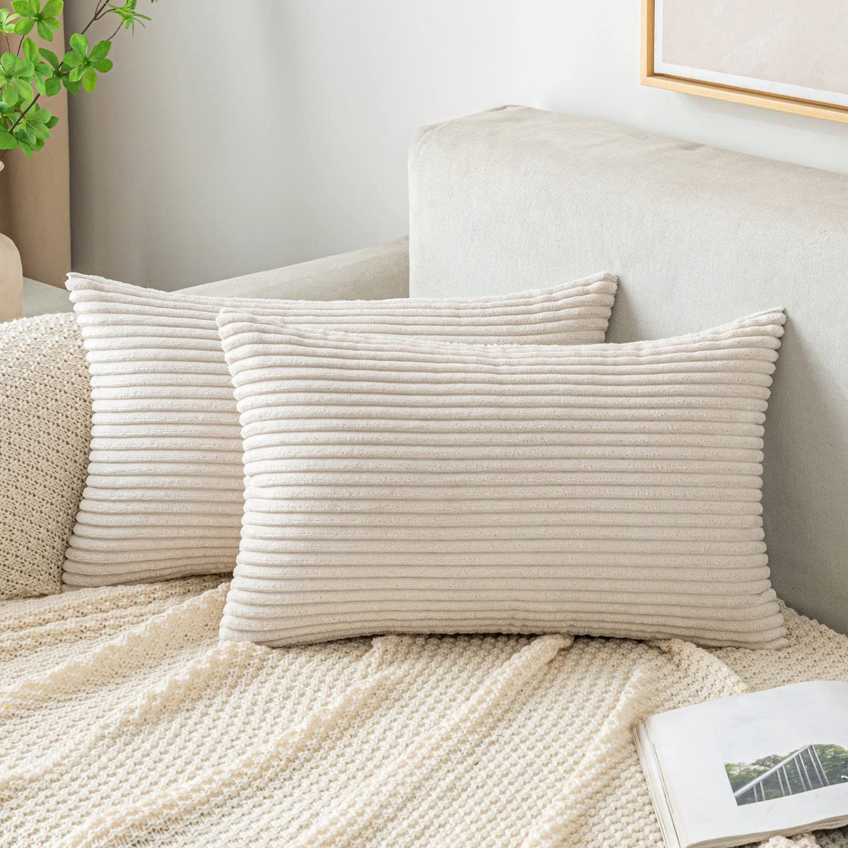 Aladdien Set van 2 Corduroy Kussenhoezen - Beige - 30 x 50 cm