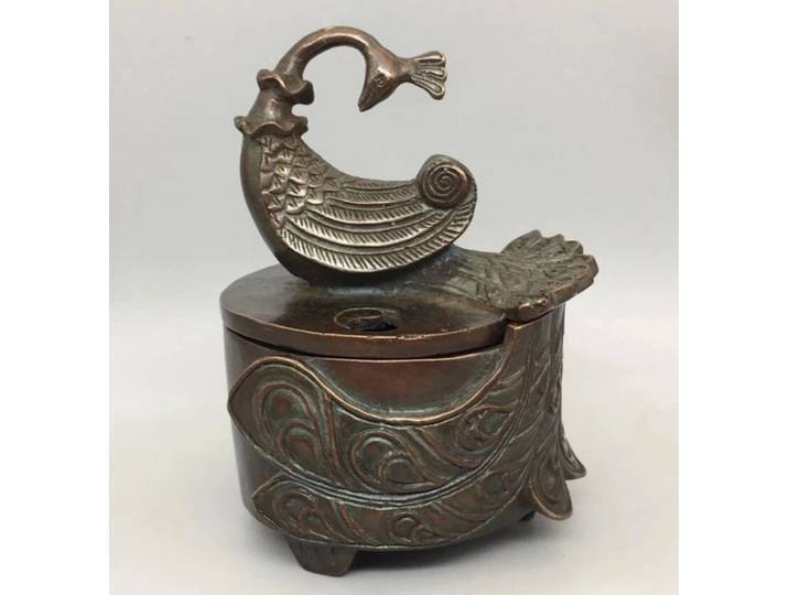Brûleur d'encens artisanal en laiton antique de Chine, motif paon fumé, statue décorative