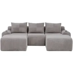 MODFU Kombinationssofa Cord Hellgrau 268x174x80 cm, modularer 3-Sitzer mit Cupholder und Seitentasche
