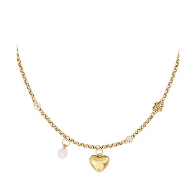 Kette mit Anhänger BOSS "AMARA", gelbgoldfarben, kristallweiß, weiß, Halsketten, Damen, Edelstahl Perlen, L: 46 B: 2mm, Edelstahl, Perlen, mit Glasstein - mit Kunststoffperle, B:2mm