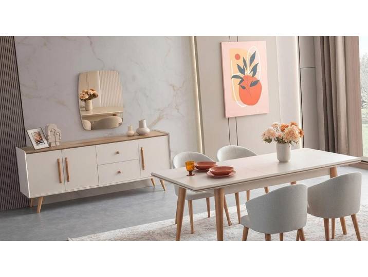 Xlmoebel Esszimmer-Set Beiges Esszimmer-Set: Esstisch, 4 Stühle, Sideboard & Spiegel, (7-St), Made in Europa