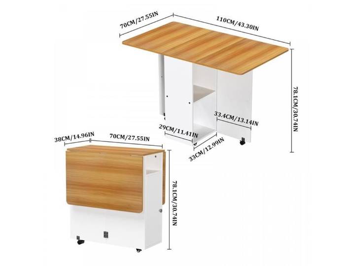 TABLE À MANGER PLIANTE POUR 2 À 6 PERSONNES - HOMEWELL - TABLE MOBILE AVEC COUCHE DE RANGEMENT - 110*70*78 CM- COULEUR BOIS MASSIF
