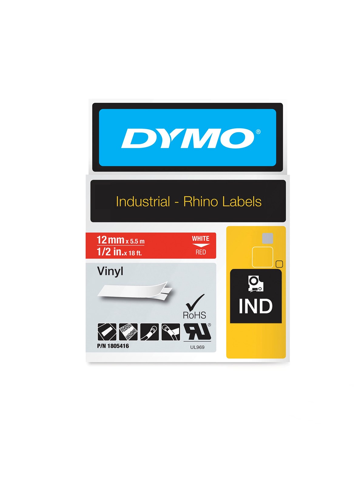 DYMO Rhino-Industrie-Vinyletiketten | 12 mm x 5,5 m | weiß auf rot | selbstklebendes Schriftband