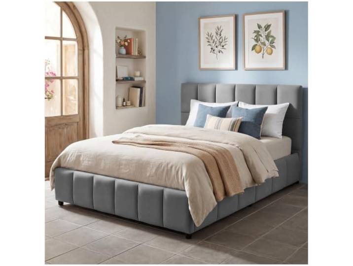 tectake® Polsterbett 140 x 200 cm, integrierter Lattenrost, 250kg belastbar Kassettensteppung, pulverbeschichtetes Stahlgestell, pflegeleicht, bodenschonende Kunststofffüße, Samtoptik dunkelgrau