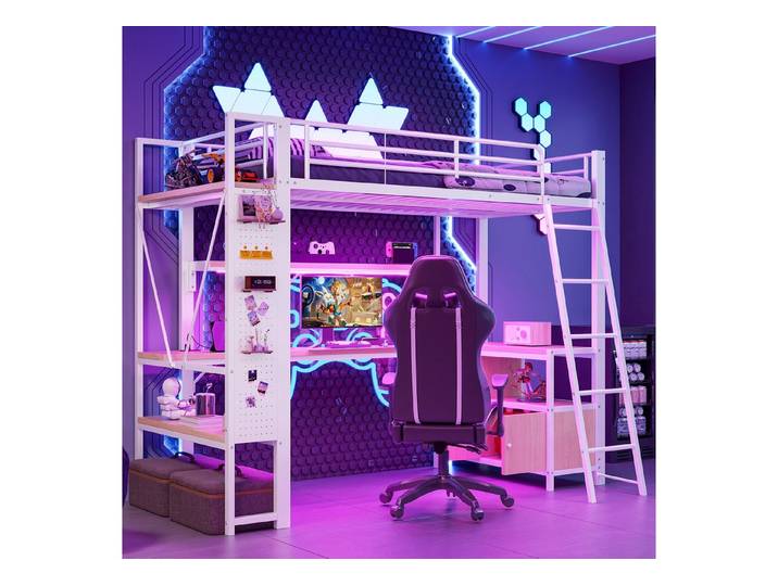 Flieks Hochbett Metallbett 90x200cm mit Lichtleiste USB Schreibtisch vielem Stauraum