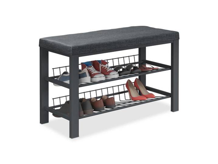 Relaxdays Schuhbank Schwarz gepolstert 2 Ebenen, Schwarz, Dunkelgrau, Metall, Rechteckig, 82x50.5x33 cm, Garderobe, Schuhaufbewahrung, Schuhregale