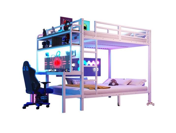 Modfu Etagenbett aus Metall und MDF 140x200 cm Weiß mit Schreibtisch, Ablagefächern, LED-Lichtleiste und Usb, 140x200 cm, Babymöbel & Kindermöbel, Kinderzimmer & Jugendzimmer, Stockbetten