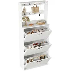 Schuhschrank 70x25x165 cm Weiß mit 8 Haken, 3 Schuhregalen und Belüftung, Platzsparend, Praktisch und Modern