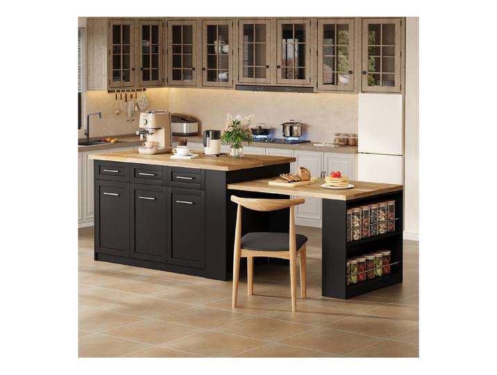 Celya Kücheninsel mit ausziehbarem Esstisch und integrierten Stauschränken, (6 Schubladen, geschlossene Fächer, offene Ablagefächer), Ideal für Esszimmer und Küche