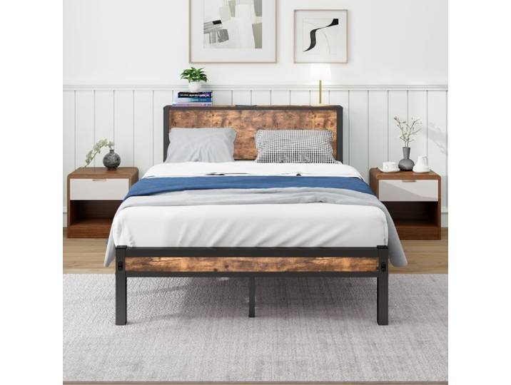 Luscriate - Lit métal 120x200cm Lit plateforme Cadre de lit avec tête de lit rangement robuste marron