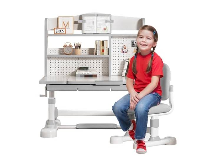 Kinderschreibtisch mit Stuhl Set, höhenverstellbar & ergonomisch Stabiler Eisenrahmen, handkurbel-verstellbar für 3-12 Jahre, ideal für Hausaufgaben und Lernen zu Hause Grau