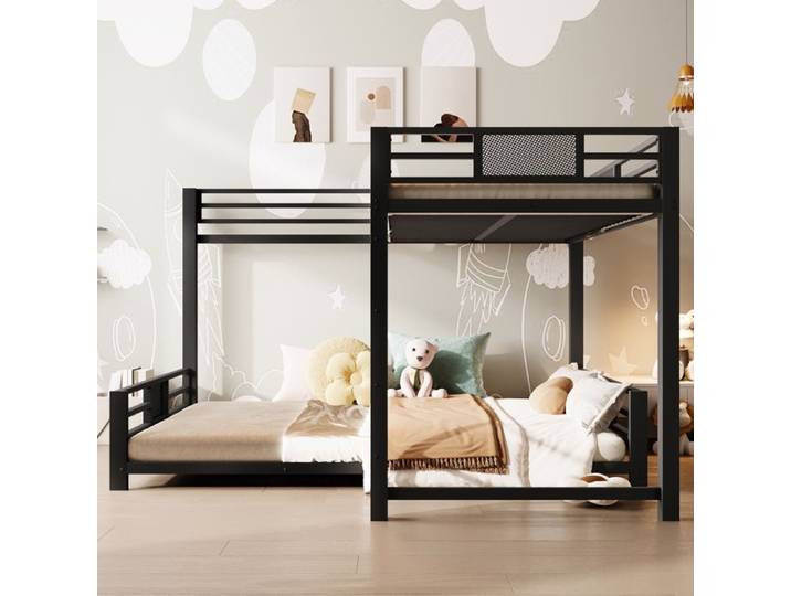 Lit superposé en forme de L lit supérieur 90x200mm lit inférieur 140x200mm lit enfant avec sommier à lattes métal noir