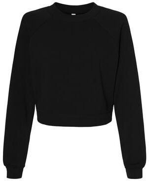 Bella + Canvas B7505 Women's Crop Raglan Fleece Crewneck Sweatshirt in Black size Large   Cotton/Polyester Blend 7505