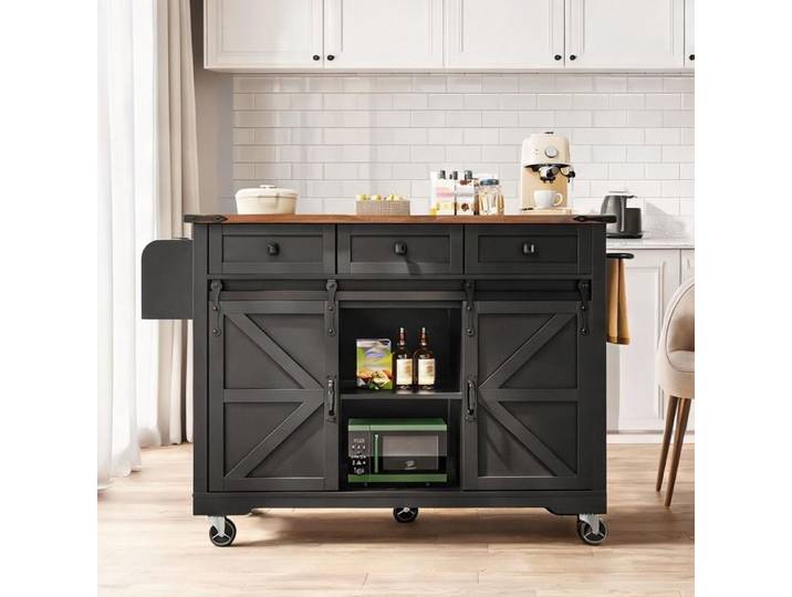 Îlot de cuisine industriel jet black avec plan de travail extensible et rangements