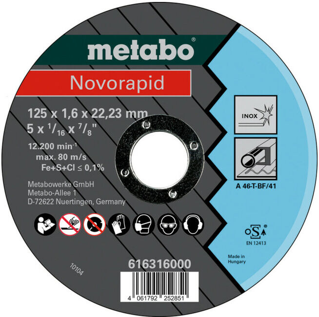 Meule de tronçonnage Metabo Novorapid 125 x 1,0 x 22,23 mm inox, modèle droit (616316000)