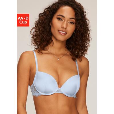 Push-up-BH LASCANA "BH mit Bügel, Alana", Damen, Gr. 85, Cup C, blau (hellblau), Spitze, Obermaterial: 41% Seide, 33% Polyester, 20% Polyamid, 6% Elasthan, BHs Push-up-BH, mit Seide und edler Spitze, Dessous