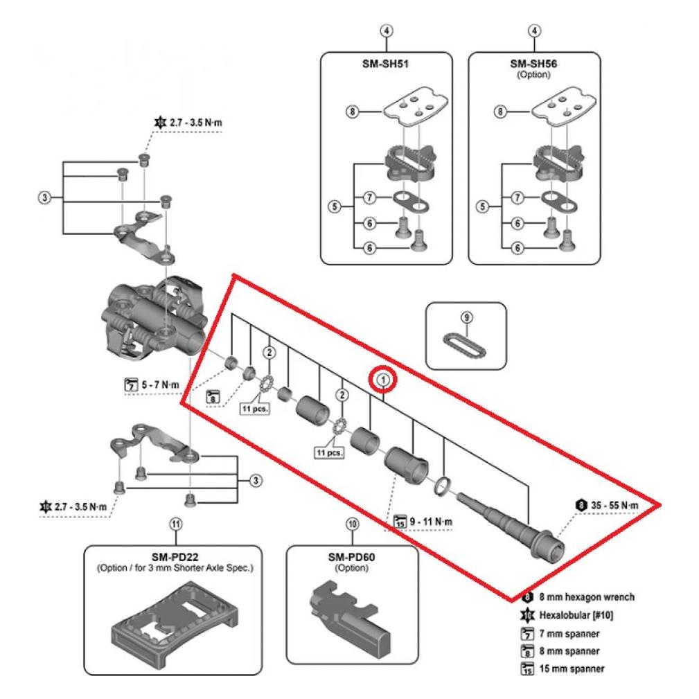Shimano Pedalachse Baugruppe f.PD-M9200, B.C.9/16"x20T.P.I., rechts, f.3mm kürzere Achse (66447968)