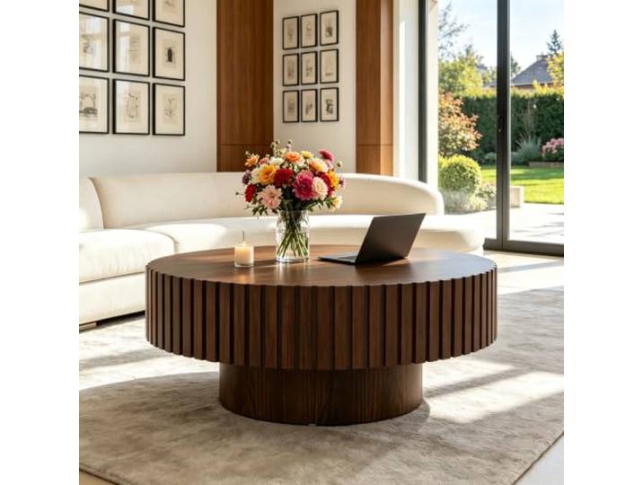 RYDZCLH 31.5 Runder Couchtisch Mit Geriffelter Aus Holz,Braun runder Runder Couchtische Mit Geriffelter,Runder Trommelförmiger Aus Holz, Moderner Beistelltisch Für Wohnzimmer Und Wohnung