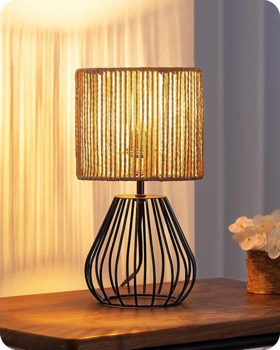 EDISHINE LED Tafellamp Nachtlampje met Handgeweven Kap - Zwart - Hoogte: 29 cm