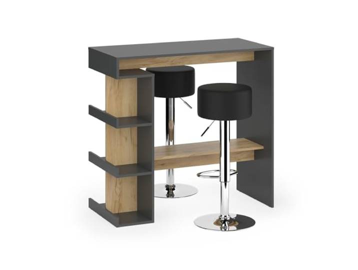 Vicco Bartisch-Set Dana, Anthrazit/Goldkraft Eiche, 108 x 50 cm mit 2 Barhockern, mit offenen Ablagen zur Nutzung als Stehtisch