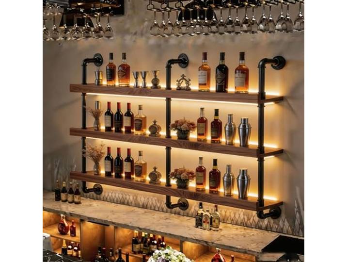AUSKLEZU Wand-Weinregal Industrie-Design LED (Nussbaum, 3-140CM) Mit LED-Lichtleiste, Bis 80 kg Traglast, 20 cm Tiefe, Einfache Wandmontage, Für Bar & Restaurant