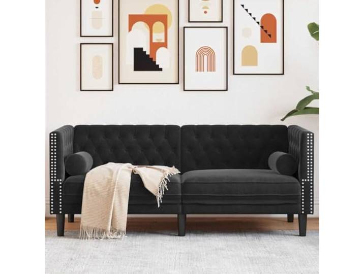 HEFZGDB Chesterfield-Sofa mit Nackenrollen 2-Sitzer Schwarz Samt Bequem Entspannung Wohnzimmer Polstermöbel